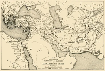 Karta som illustrerar Alexander den stores kampanjer och marscher, 1890.