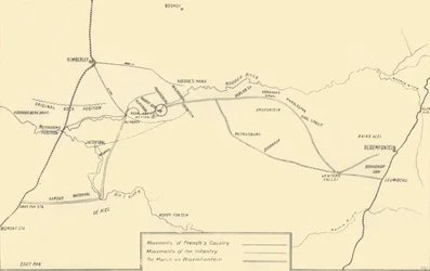 Karta som illustrerar rörelserna för relief av Kimberley och fångsten av Bloemfontein, 1901.