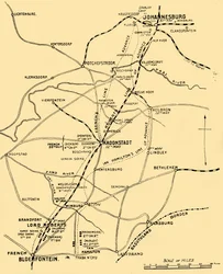 Karta som visar framstegslinjerna från Bloemfontein till Pretoria, 1901.
