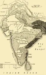 Karta över Indien som visar de brittiska besittningarna år 1780, 1800 och vid den nuvarande tiden, 1890