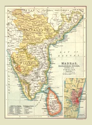 Karta över Madras, Hyderabad, Mysore, Coorg och Ceylon, 1902.