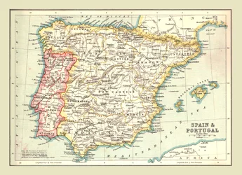 Karta över Spanien och Portugal, 1902.