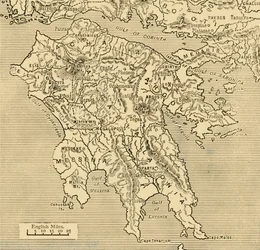 Karta över Peloponnesos, 1890.