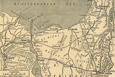 Karta över den turkiska attacken på Suezkanalen, Egypten, första världskriget, 1915, c1920.