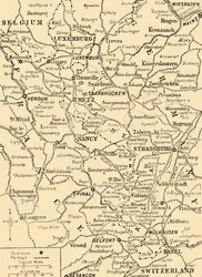 Karta som visar gränsen mellan Frankrike och Tyskland, första världskriget, ca 1915, ca 1920