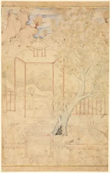 Mästare och lärjunge i en trädgårdspaviljong, illustration på en sida, ca. 1570-1590-talet.