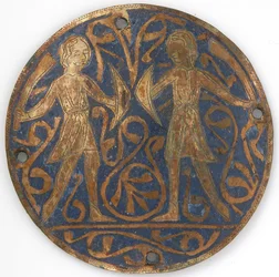 Medaljong med två unga krigare med Falchions och Bucklers, franska, ca. 1240-60.