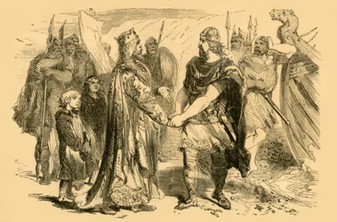 Möte mellan Edmund Ironside och Canute, på Isle of Alney, i Severn, c1890.