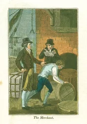 Köpmannen och hans kontorist vid kajen kontrollerade varor i ett lager, 1823
