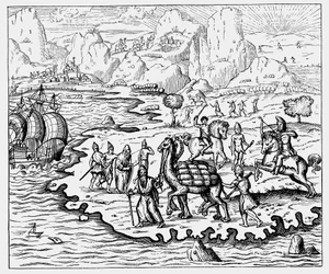 Köpmän som transporterar varor till kusten och ett väntande fartyg med kamel, 1575