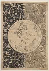 Kvicksilver i en dekorativ ram med grotesker, ca. 1600-1630.