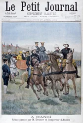 Militär recension av Paul Doumer och kejsaren av Annam, Hanoi, Indokina, 1902