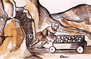 Gruvarbetare som skjuter en vagn från en gruvantré, 1508