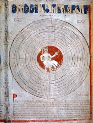 Minotaurus i en labyrint, en sida från Liber Floridus, 1100-talet