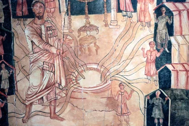 Moise au puits de Meriba - Målning av Dura Europos-synagogan. 3:e århundradet e.Kr. Judiska museet New York.