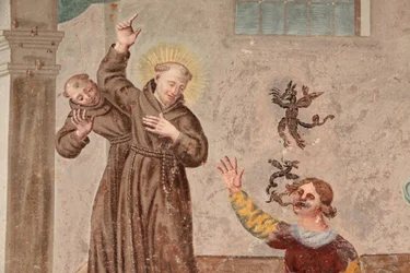 Saorge-klostret Fresk från 1700-talet som visar livet St Francis of Assisi, Saorge, Frankrike