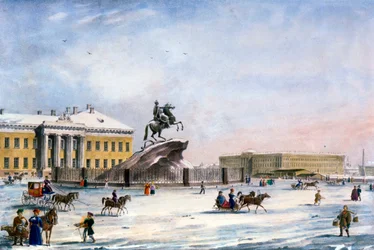 Peter den stores monument på Senatstorget i St Petersburg, Ryssland, vintern 1822
