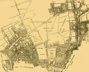 Moorfields och dess omgivningar efter en karta från omkring 1720, omkring 1872.