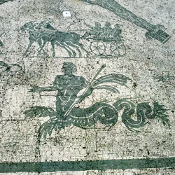 Mosaik, kärror dragna av mulor med resenärer, Cisarii. 1:a århundradet e.Kr