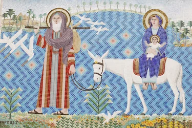Mosaik i den koptiska ortodoxa kyrkan El Moallaqah: flygningen till Egypten Le Caire Egypte