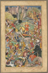 Mughalhärskaren Humayun besegrar afghanerna innan han återerövrade Indien, folio från en Akbar-nama-bok