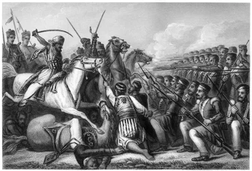 Myterierkavalleri anfaller ett infanteritorg i slaget vid Cawnpore, 1857, c1860