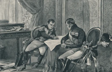 Napoleon och Alexander vid Tilsit studerar Europakartan, 1807, 1896