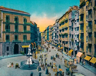Neapel - Via Roma, Largo Carita med monument till Carlo Poerio, c1900.