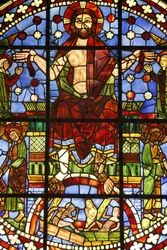 Nationalmuseet för franska monument. Den tidigare Cordeliers-kyrkan, Châteauroux. Glasmålning med Yttersta domen, Paris, Frankrike