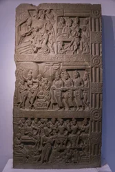 Indiens nationalmuseum, Delhi. Scener ur Buddhas liv. Ikshvaku, 200-talet e.Kr. Nagarjunakonda, Andhra Pradesh. Gråaktig kalksten. Detalj. Indien.