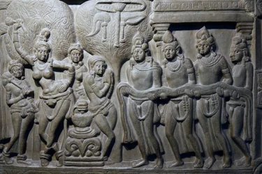 Indiens nationalmuseum, Delhi. Scener ur Buddhas liv. Ikshvaku, 200-talet e.Kr. Nagarjunakonda, Andhra Pradesh. Gråaktig kalksten. Detalj. Indien.