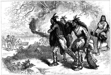 Indianer som ger bäverskin till europeiska handlare, 1600-talet c1880