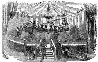 Naturforskare som äter i en modell av en dinosaurie, Crystal Palace, Sydenham, nyårsafton, 1853