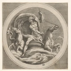 Neptunus stiger upp ur havet och bär en stav, åtföljd av två hästhuvuden ..., ca. 1550-1600.