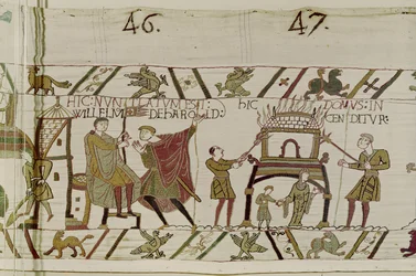 Nyheter om att Harold fördes till William och ett hus brändes av normanderna, Bayeux Tapestry (ullbroderi på linne)