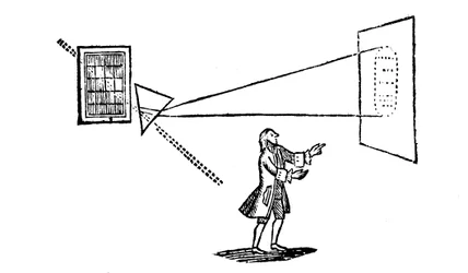 Newtons experiment med att dela upp vitt ljus i spektrumets färger med ett prisma, 1757