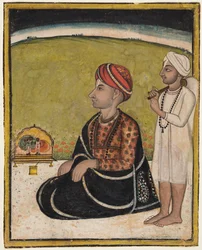 Noble sittande på en utomhusbräckning och dyrka en helgedom av Krishna fluting, ca. 1800.