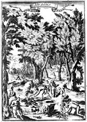Nordamerikanska Huronindianer som jagar och lagar mat i skogsmark, 1686