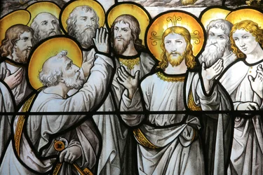 Notre Dame de Beaune kyrkans målat glasfönster: Sankt Peter protesterar mot sin trohet mot Kristus Beaune Frankrike