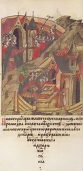 Novgorod veche. Novgorodianerna plundrar Posadniks hov. Från Illuminated Compiled Chronicle