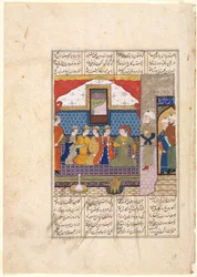 Nushirwan skickar Mihran Sitad för att hämta dottern till kungen av Kina Recto..., ca. 1482.