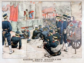 Fria japanska soldater på teatern i deras läger, rysk-japanska kriget, 1904