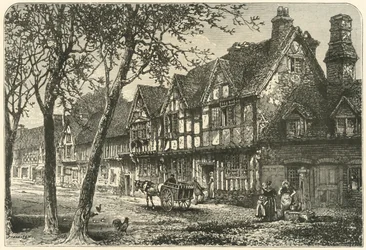 Gamla hus under Warwick Castle, 1898.