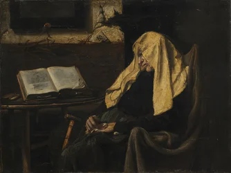 Gammal kvinna sover, mitten av 1800-talet.