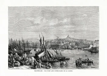Gamla hamnen och Notre Dame de la Garde, Marseille, Frankrike, 1879
