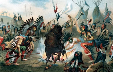 Oleograf av en Sioux krigsdans, c1890