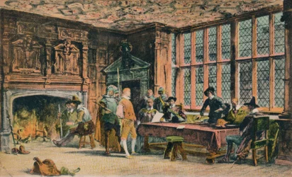 Oliver Cromwell prövar en fånge under försvaret av Banbury. The Globe Room of Ye Olde Reine Dee