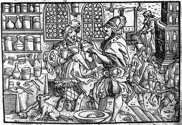 Operation på en mans huvud. Ur: Den stora sårmedicinen av Theophrastus Bombastus von Hohenheim, 1562