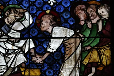 Vår Fru av Strasbourgs katedral. Fönster i målat glas. Kristus tvättar apostlarnas fötter. 1300-talet. Strasbourg. Frankrike.