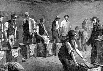 Packar te i lagren hos East & West India Dock Company, London, 1874